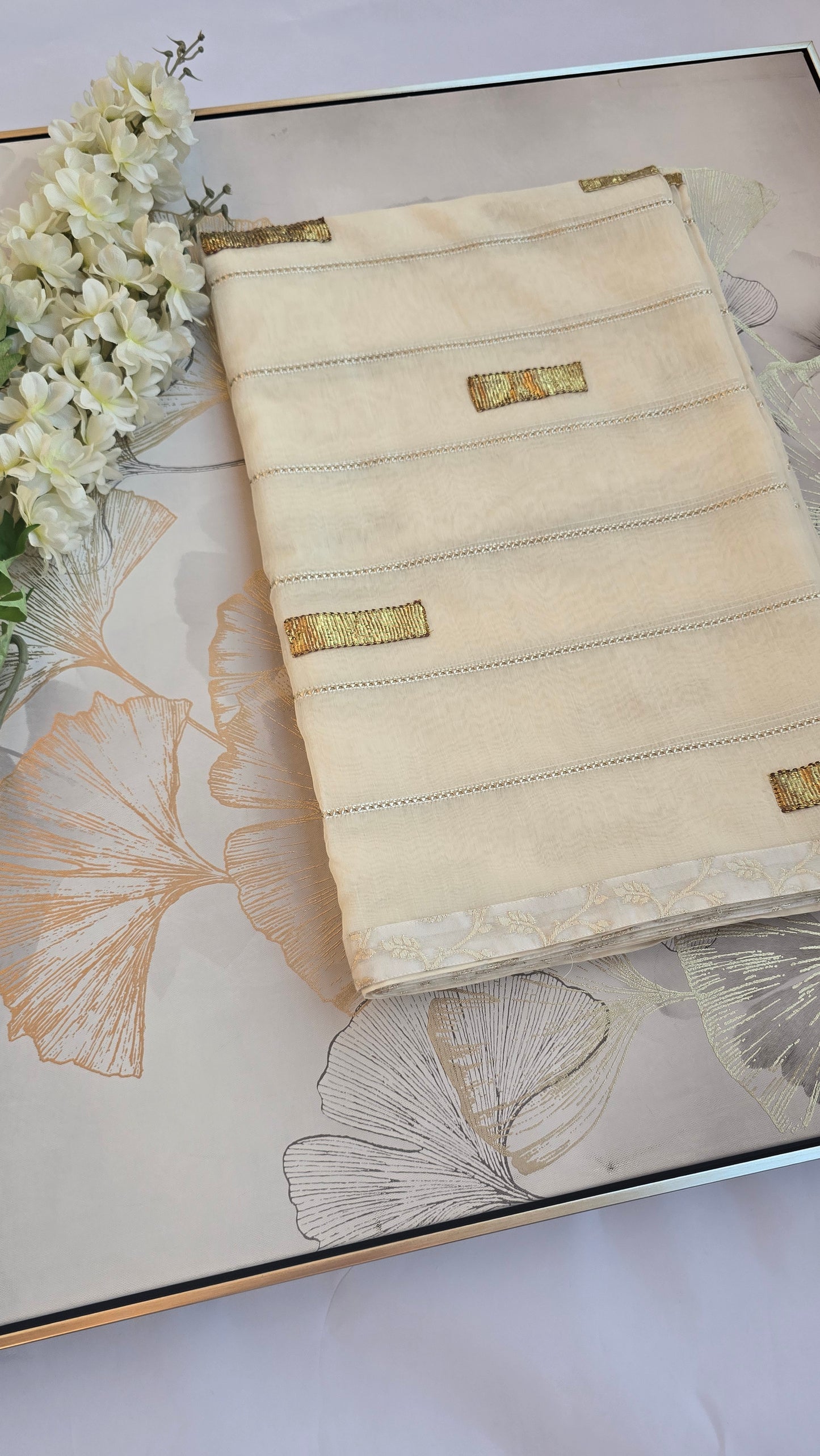 Ivory Gold Chanderi Blend Saree