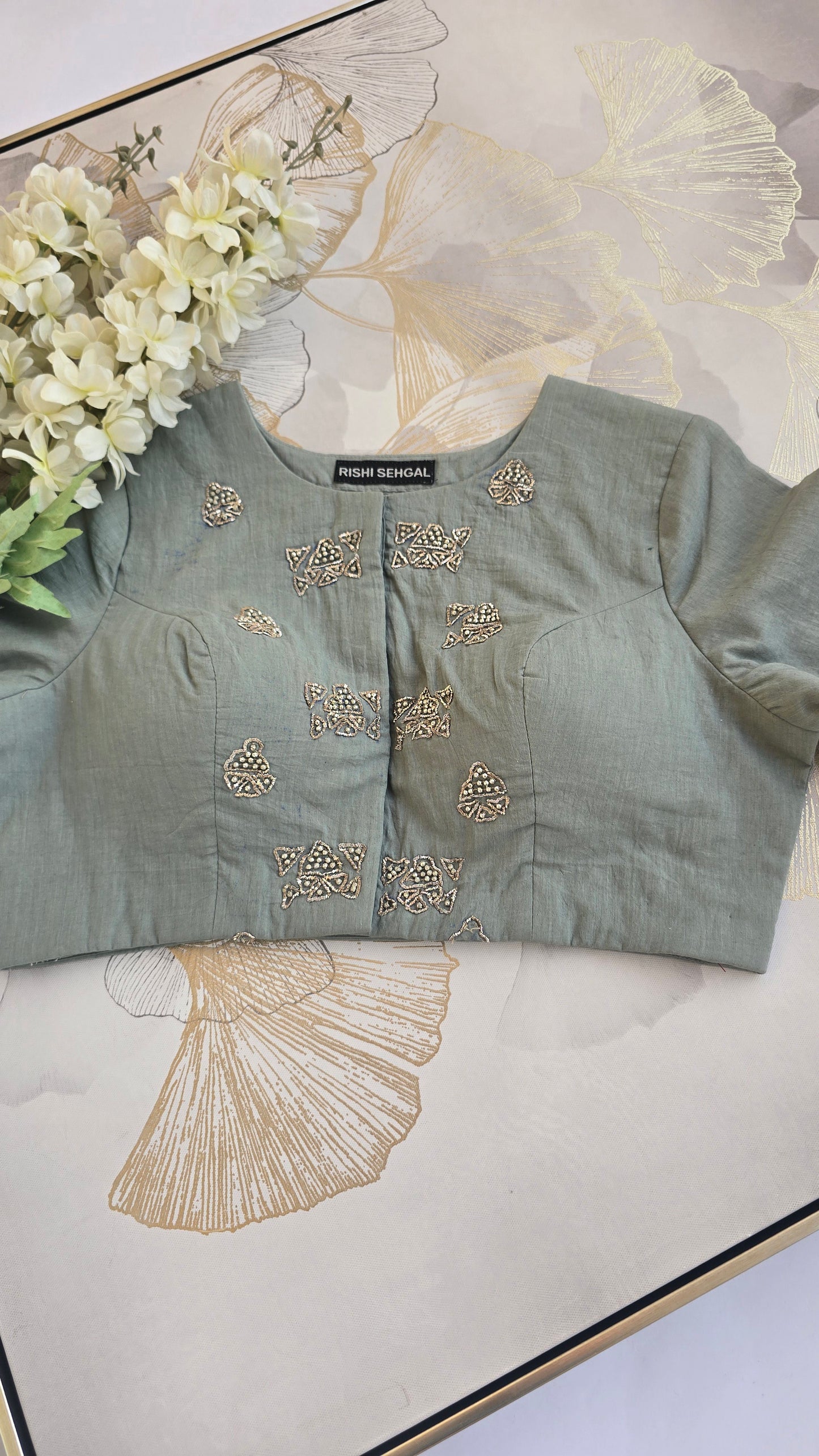 Sage Serenity Cotton Hand Embroidery Blouse