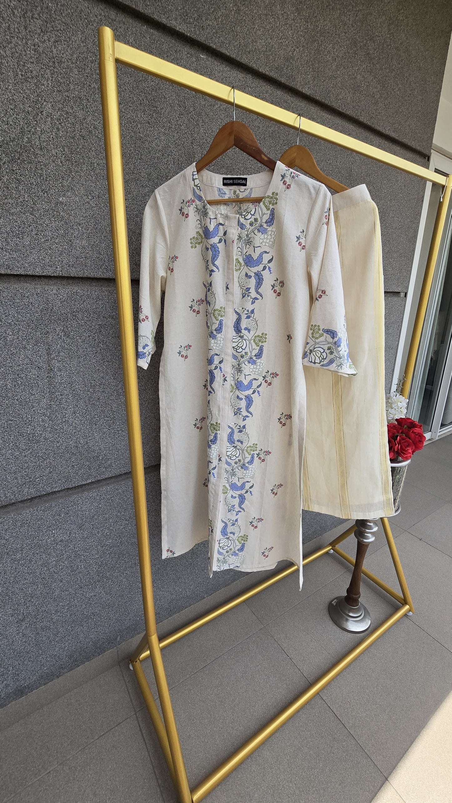 KORA...Printed co-ord set with Cotton Gold weaved striped lower