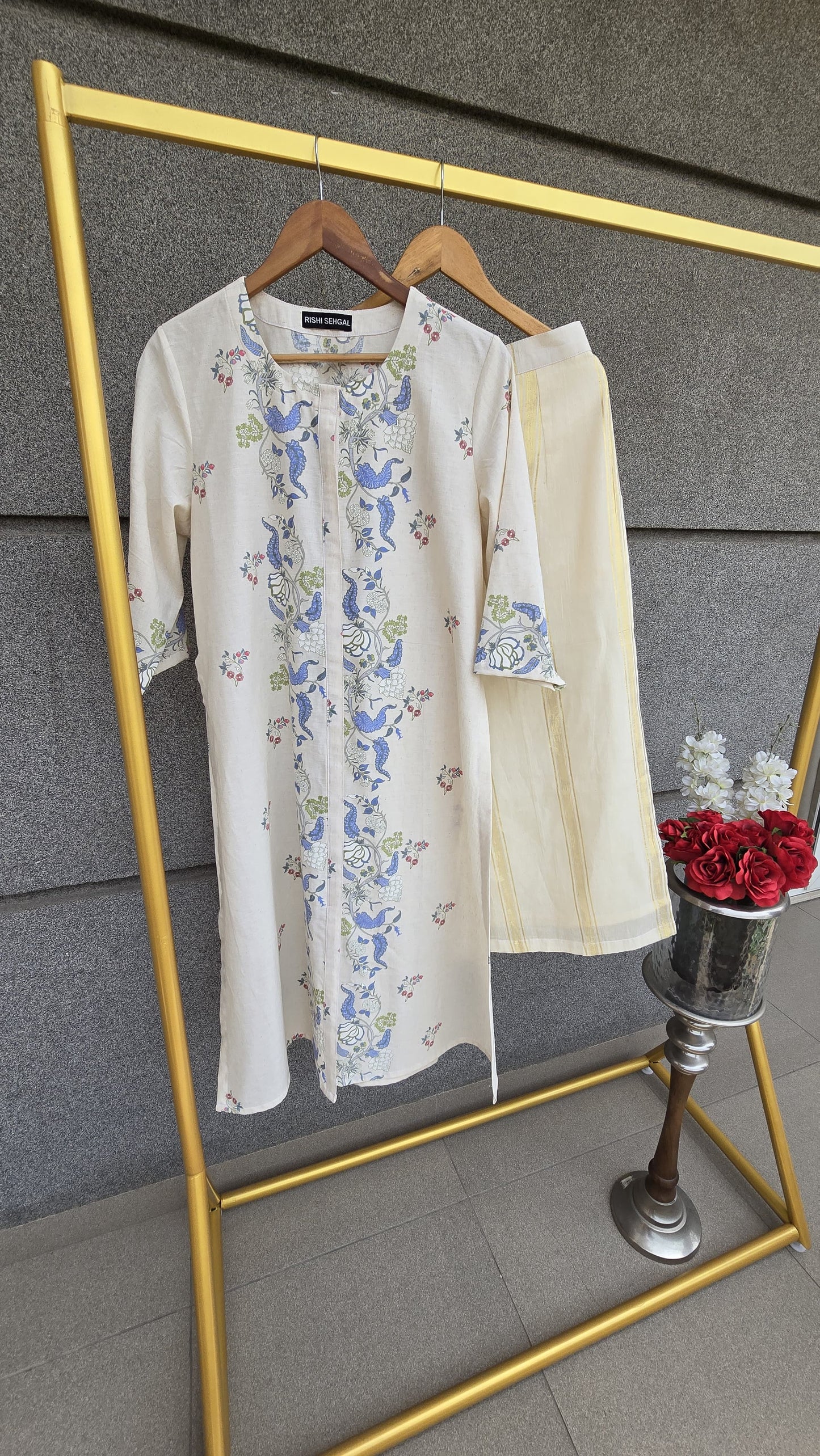 KORA...Printed co-ord set with Cotton Gold weaved striped lower