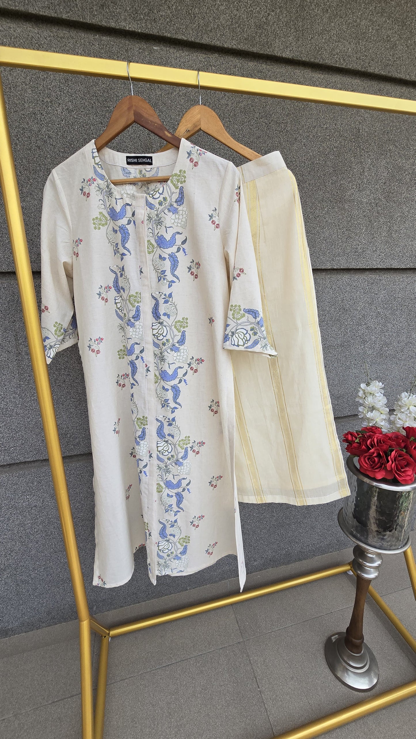 KORA...Printed co-ord set with Cotton Gold weaved striped lower
