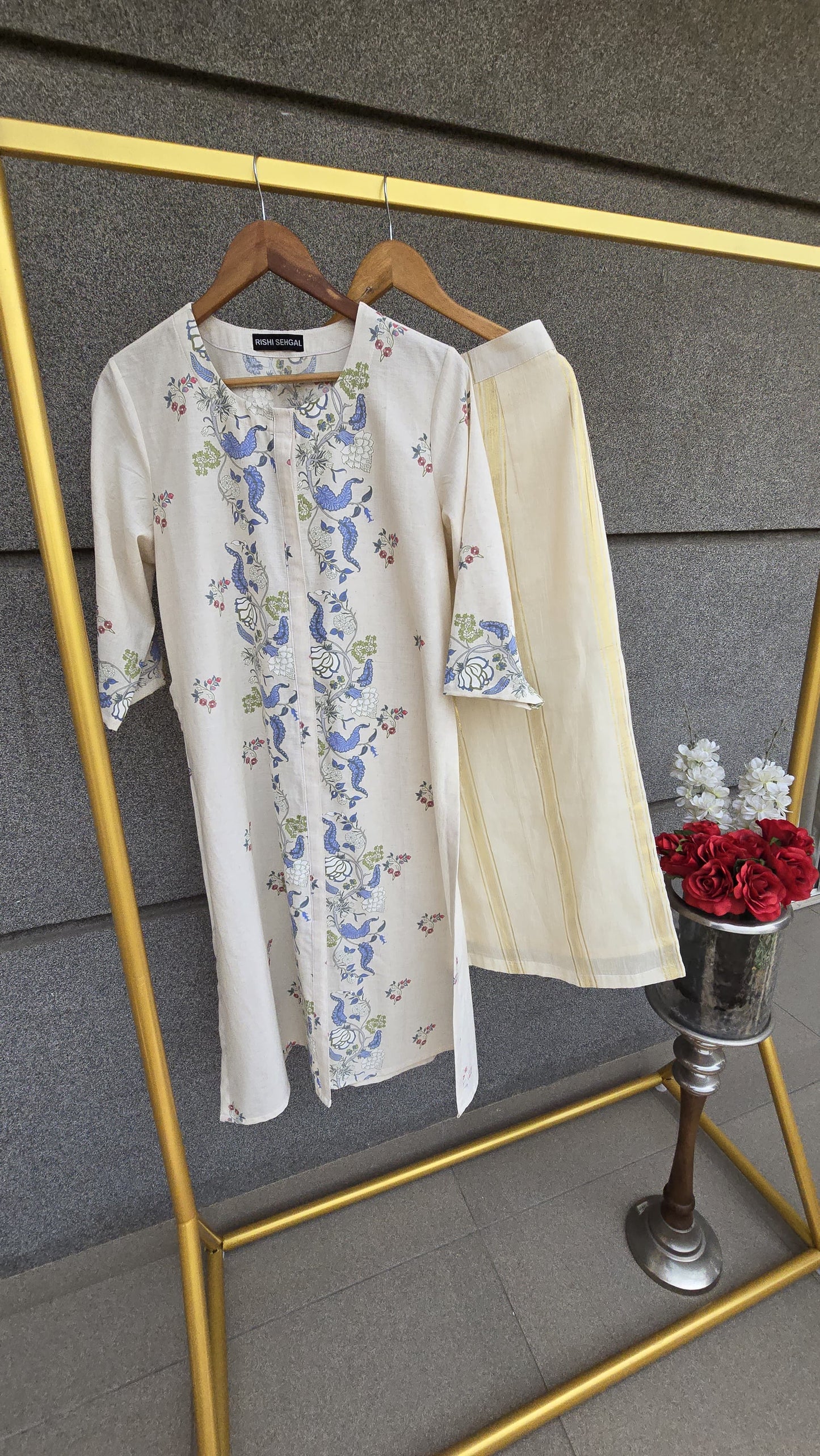 KORA...Printed co-ord set with Cotton Gold weaved striped lower