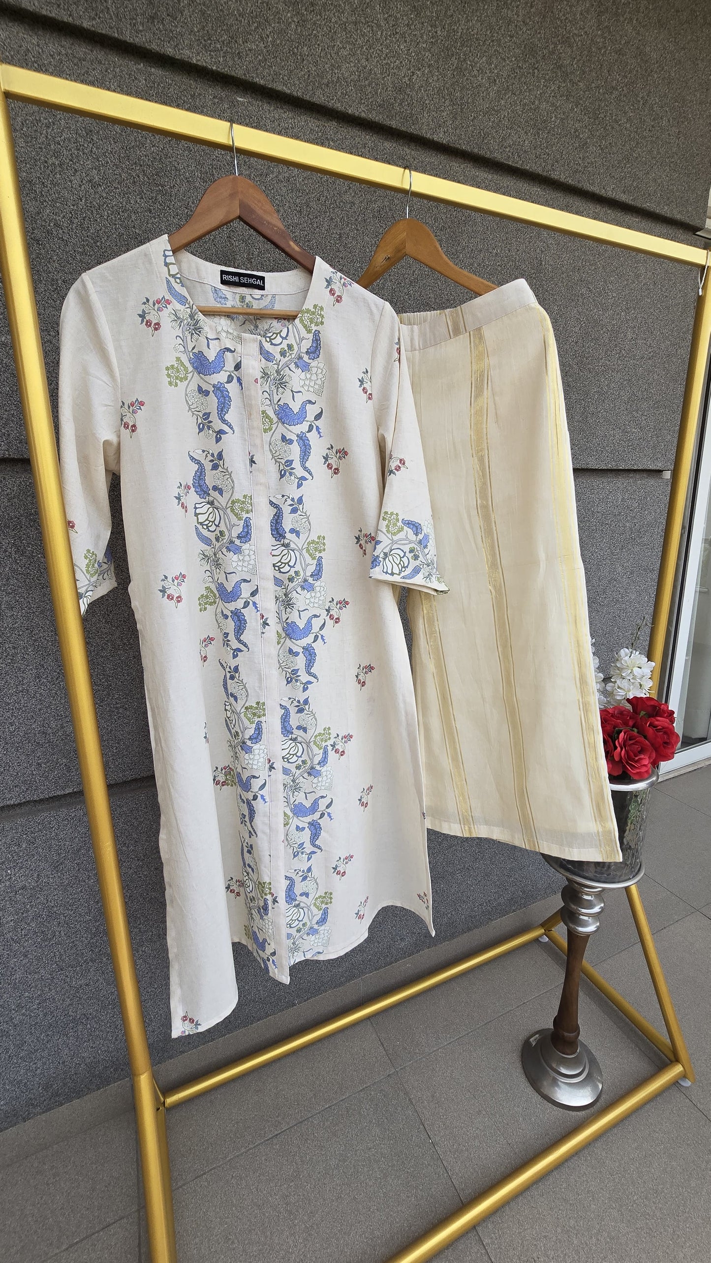 KORA...Printed co-ord set with Cotton Gold weaved striped lower