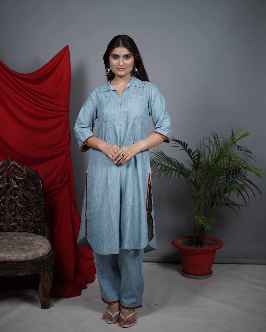 Denim Co-ord Set with Multicolour Piping