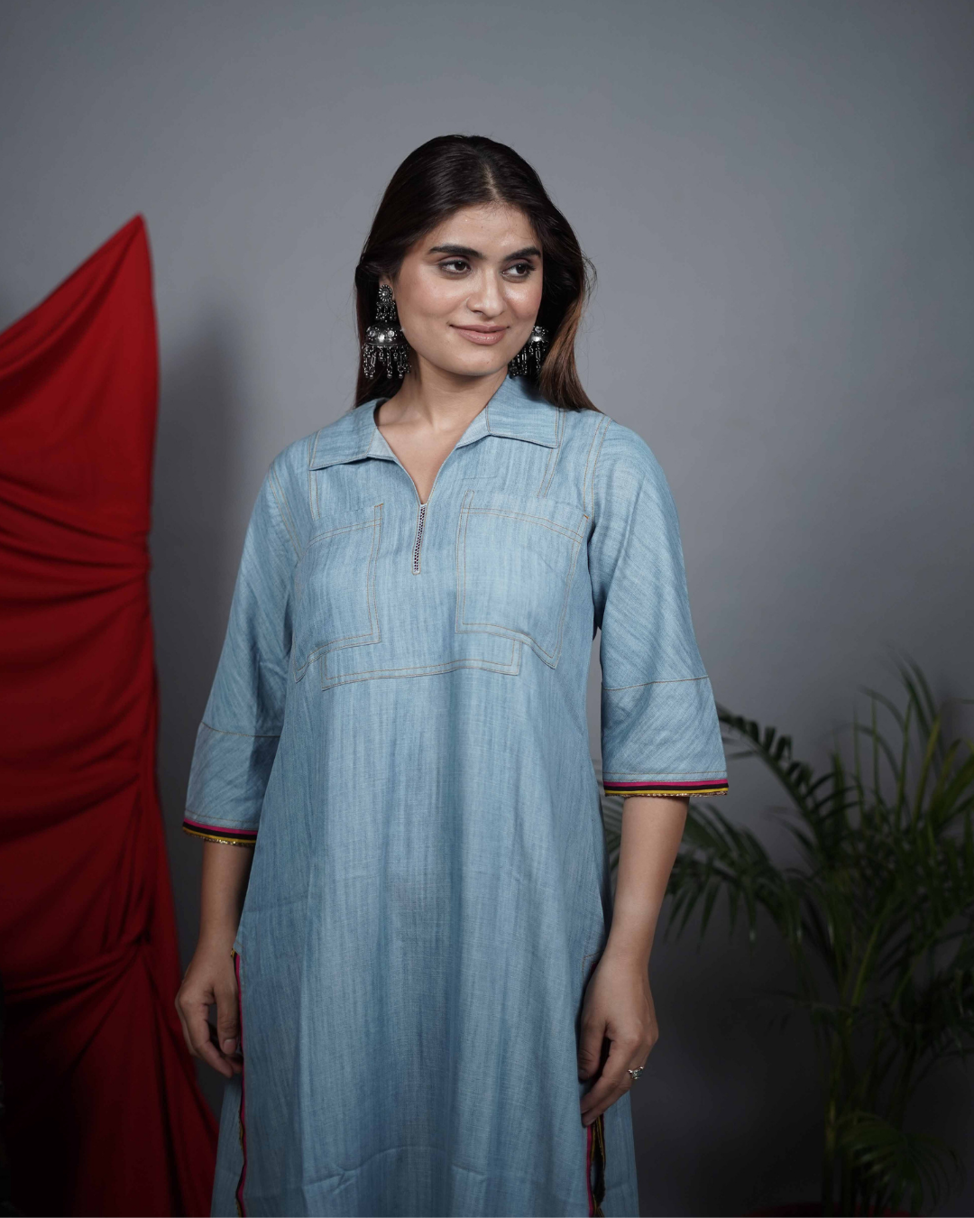 Denim Co-ord Set with Multicolour Piping