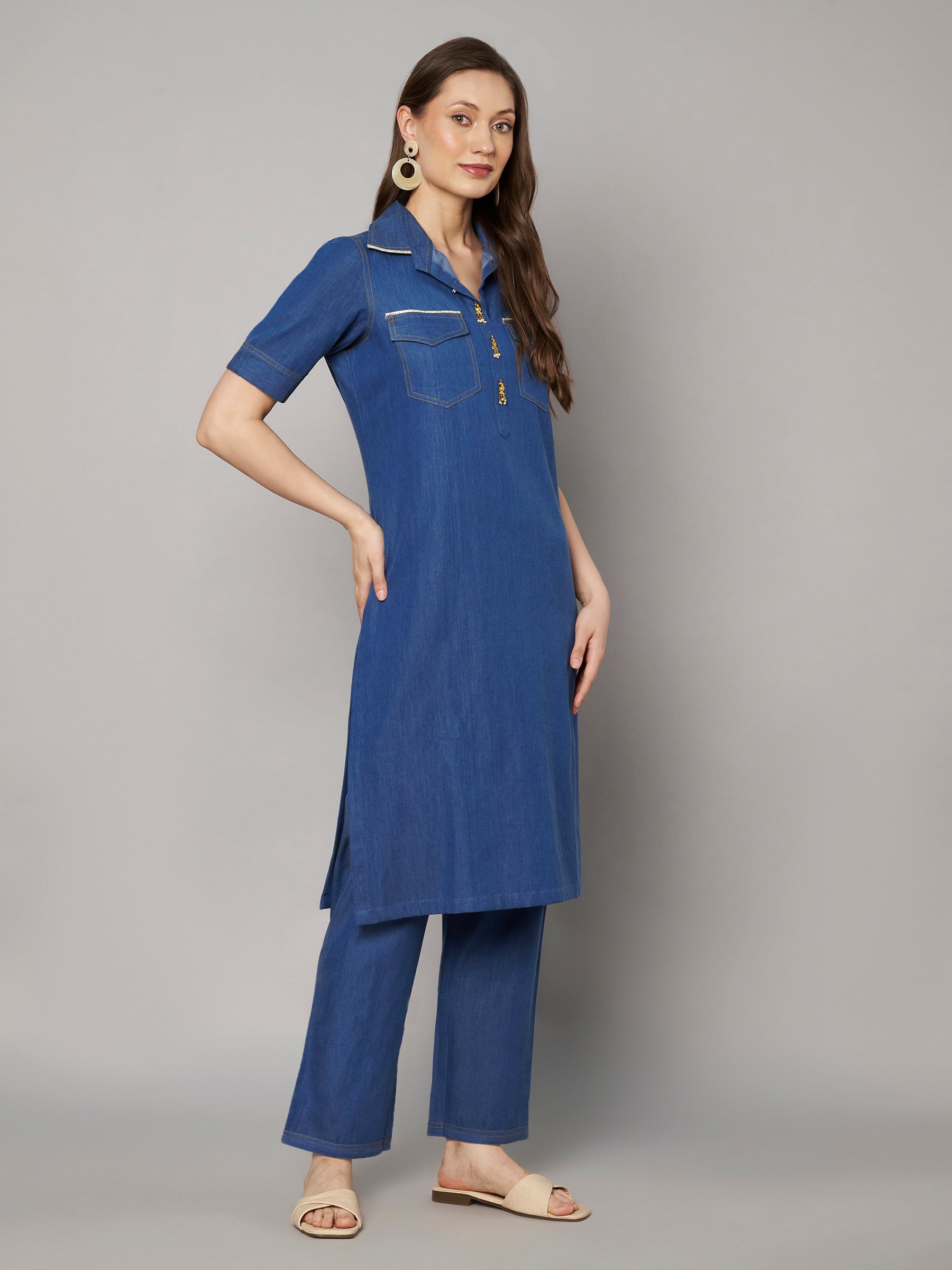 Denim-Style Kurta Pant Co-ord Set
