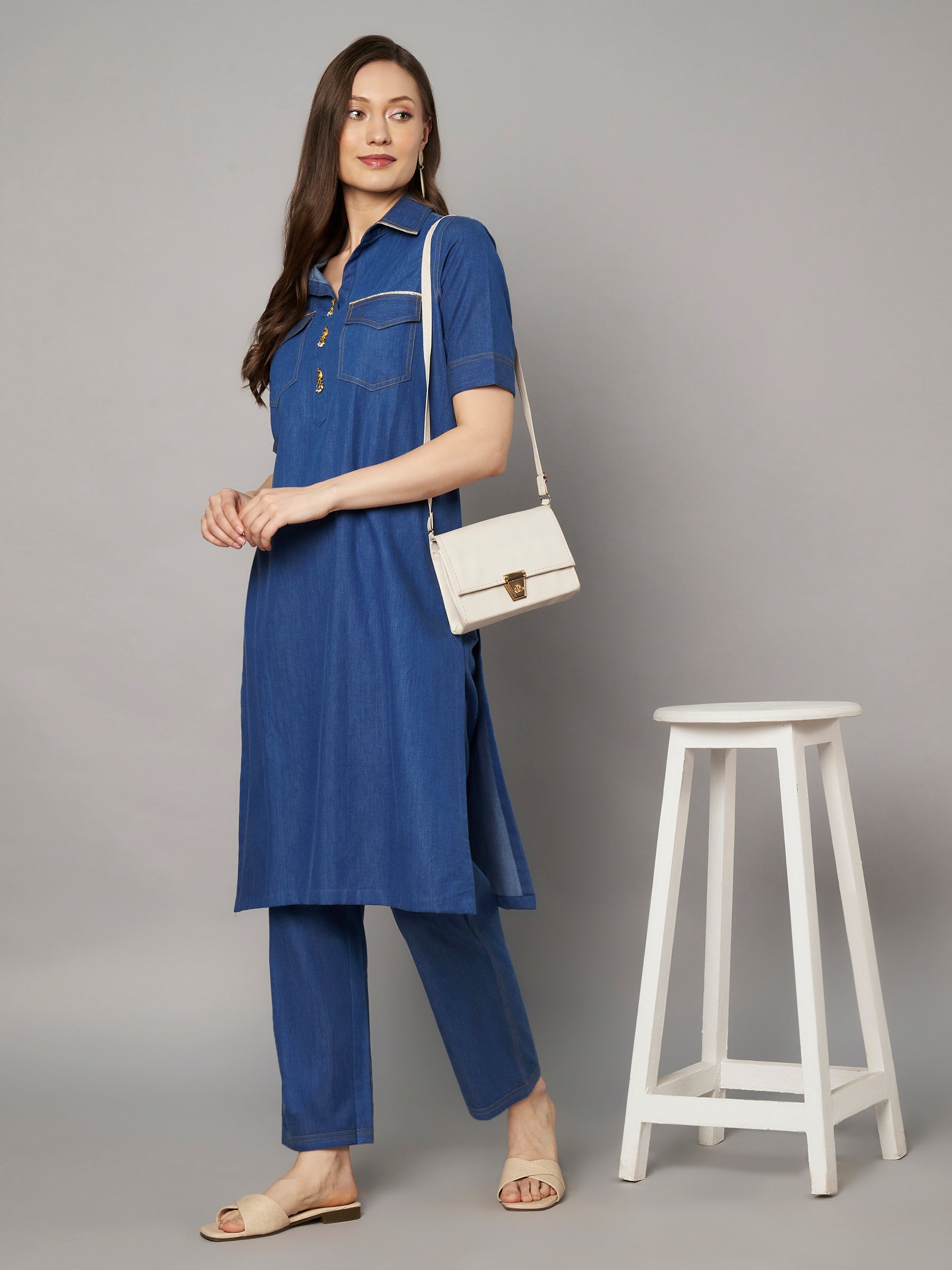 Denim-Style Kurta Pant Co-ord Set