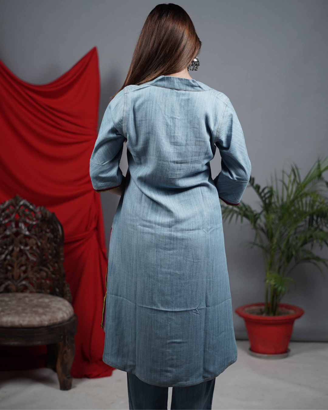 Denim Co-ord Set with Multicolour Piping