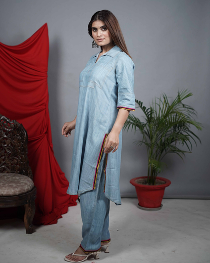 Denim Co-ord Set with Multicolour Piping