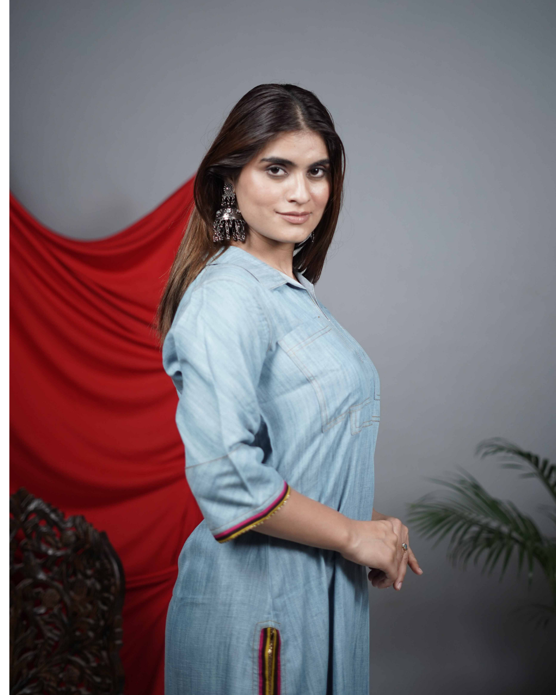 Denim Co-ord Set with Multicolour Piping