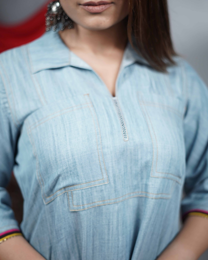 Denim Co-ord Set with Multicolour Piping