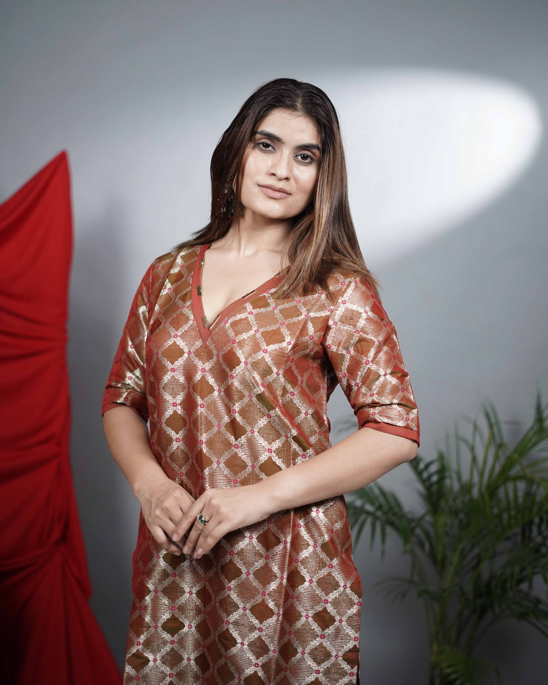 Rust Silk-Blend Brocade Co-ord Set