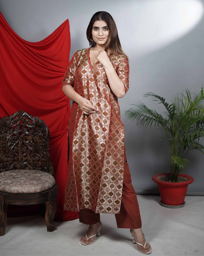 Rust Silk-Blend Brocade Co-ord Set