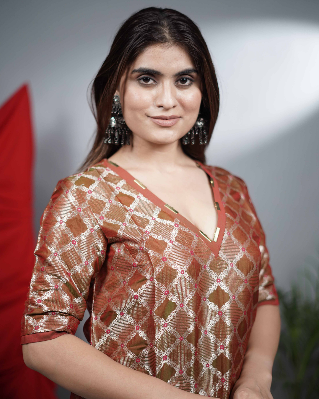 Rust Silk-Blend Brocade Co-ord Set