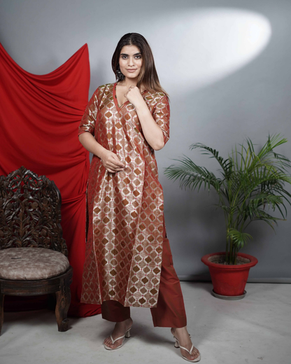 Rust Silk-Blend Brocade Co-ord Set