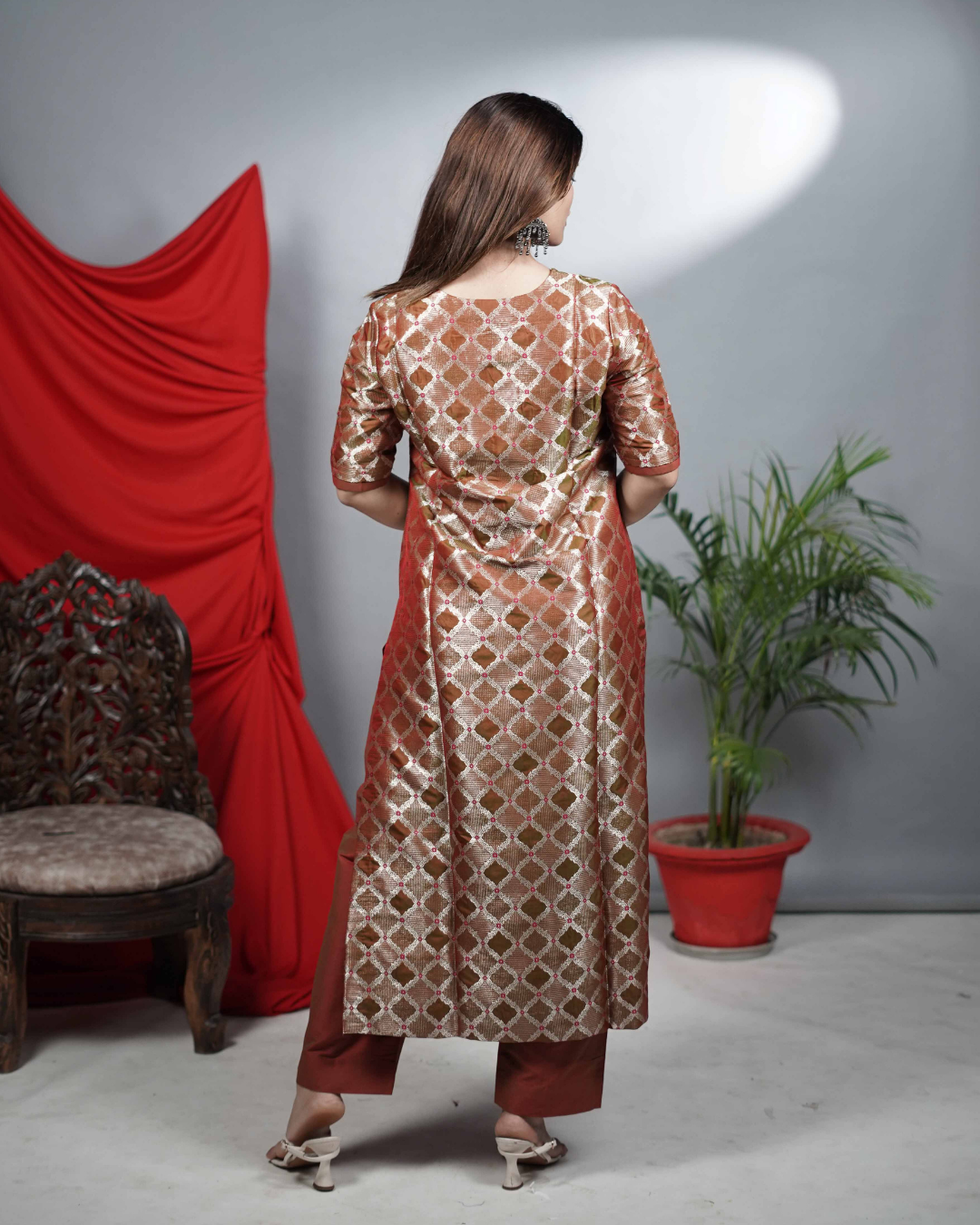 Rust Silk-Blend Brocade Co-ord Set