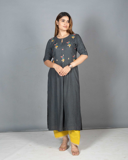 Grey Linen Kurta Set with Hand-Embroidered Yoke