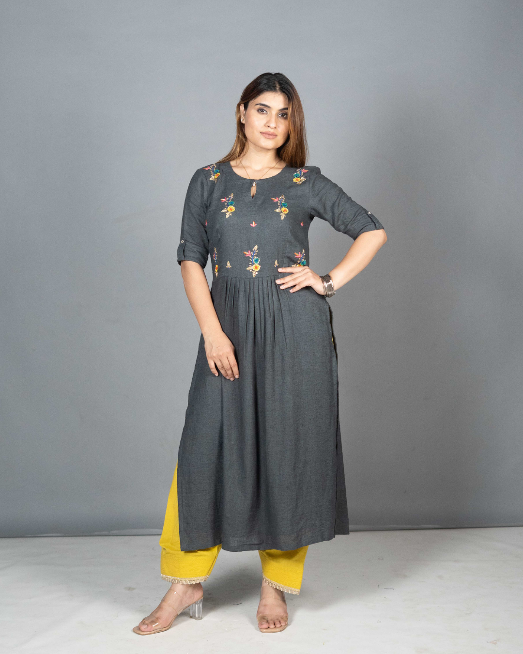 Grey Linen Kurta Set with Hand-Embroidered Yoke