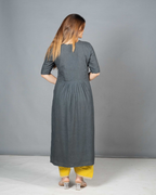 Grey Linen Kurta Set with Hand-Embroidered Yoke