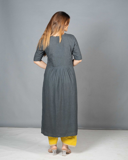 Grey Linen Kurta Set with Hand-Embroidered Yoke