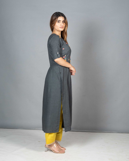 Grey Linen Kurta Set with Hand-Embroidered Yoke