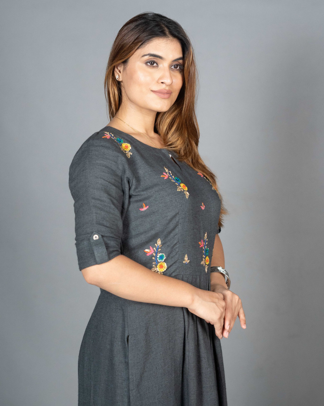 Grey Linen Kurta Set with Hand-Embroidered Yoke
