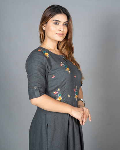 Grey Linen Kurta Set with Hand-Embroidered Yoke