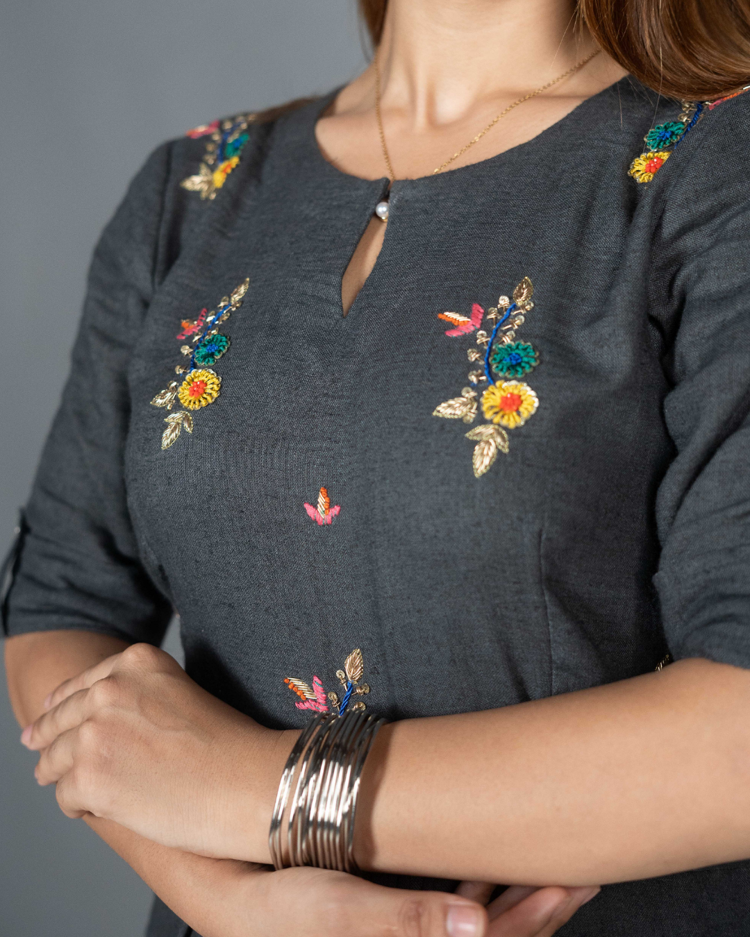 Grey Linen Kurta Set with Hand-Embroidered Yoke