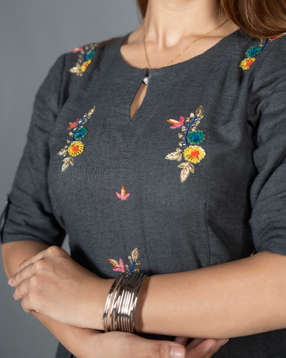 Grey Linen Kurta Set with Hand-Embroidered Yoke
