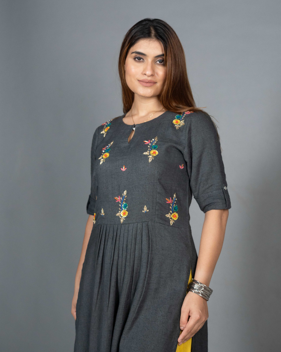 Grey Linen Kurta Set with Hand-Embroidered Yoke