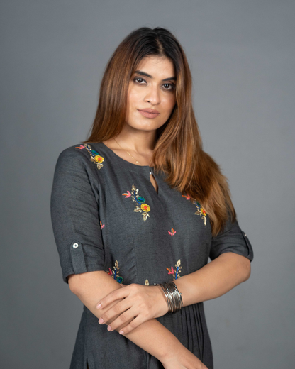 Grey Linen Kurta Set with Hand-Embroidered Yoke