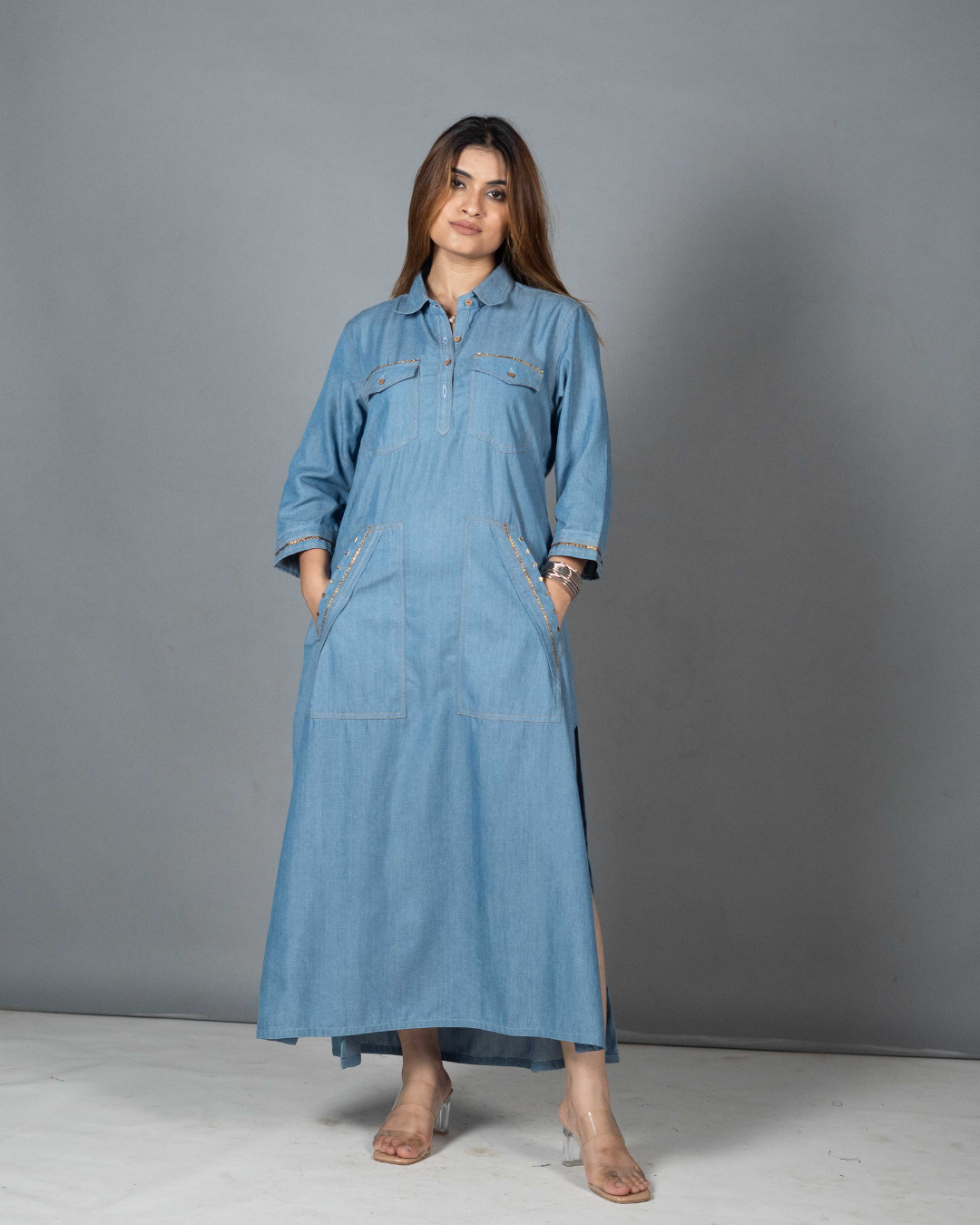 Denim Dress with Gota Detailing