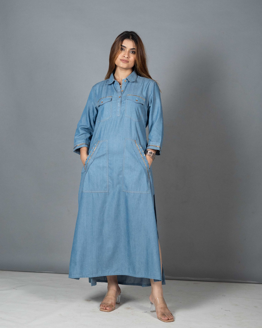 Denim Dress with Gota Detailing