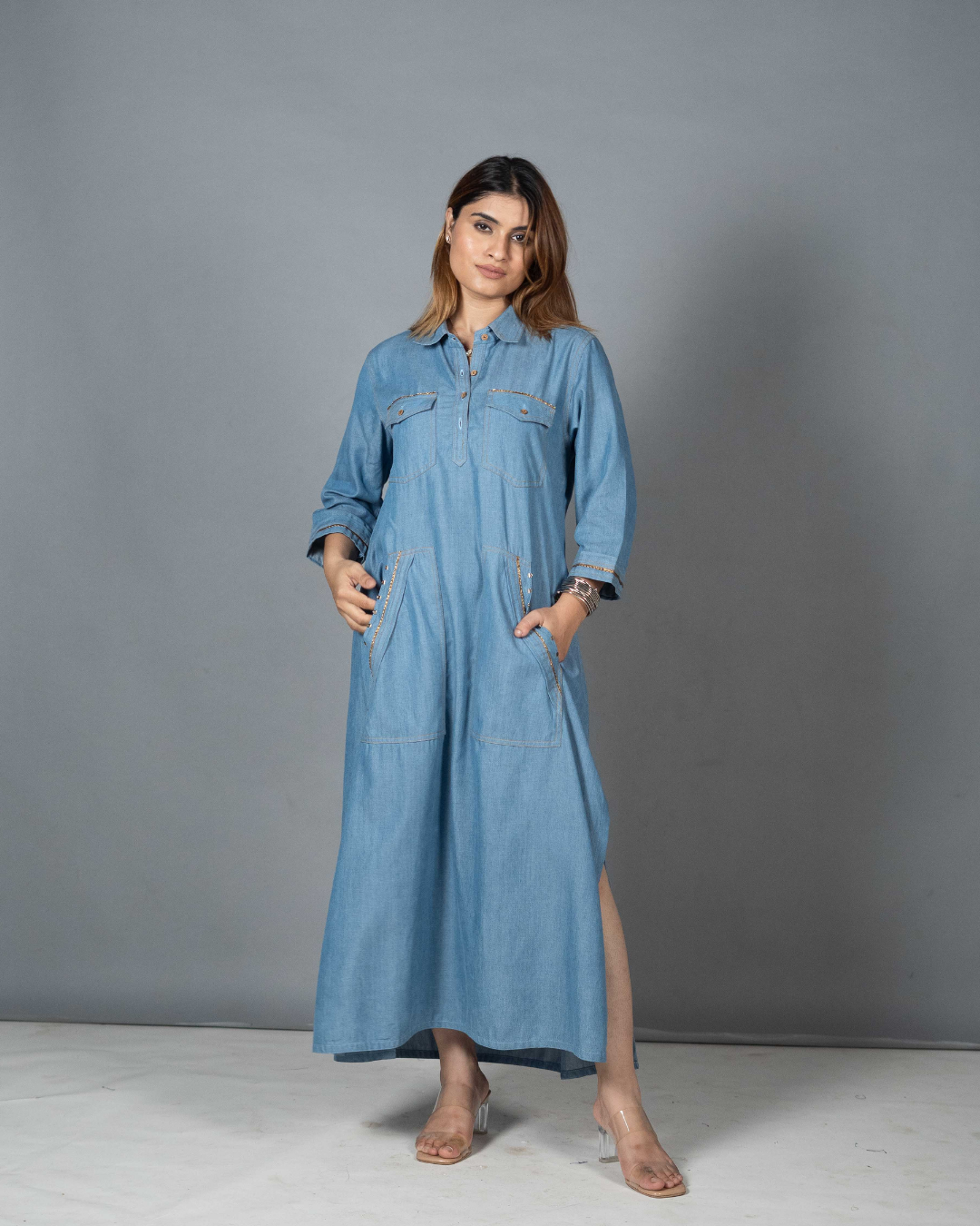 Denim Dress with Gota Detailing Secondary image