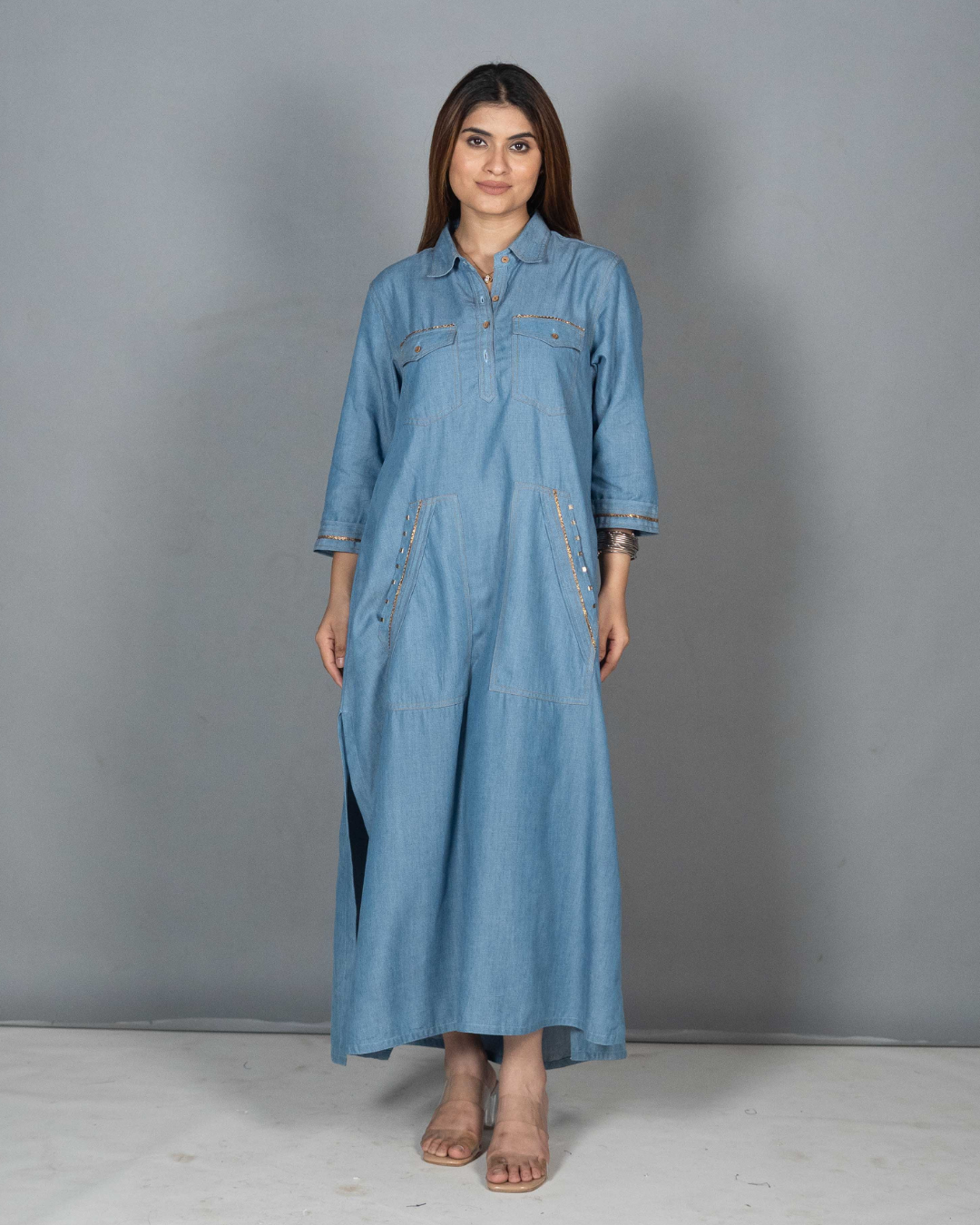 Denim Dress with Gota Detailing