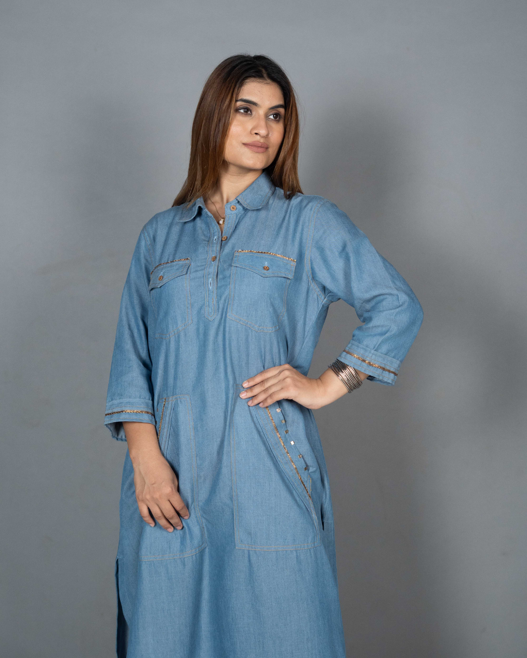 Denim Dress with Gota Detailing