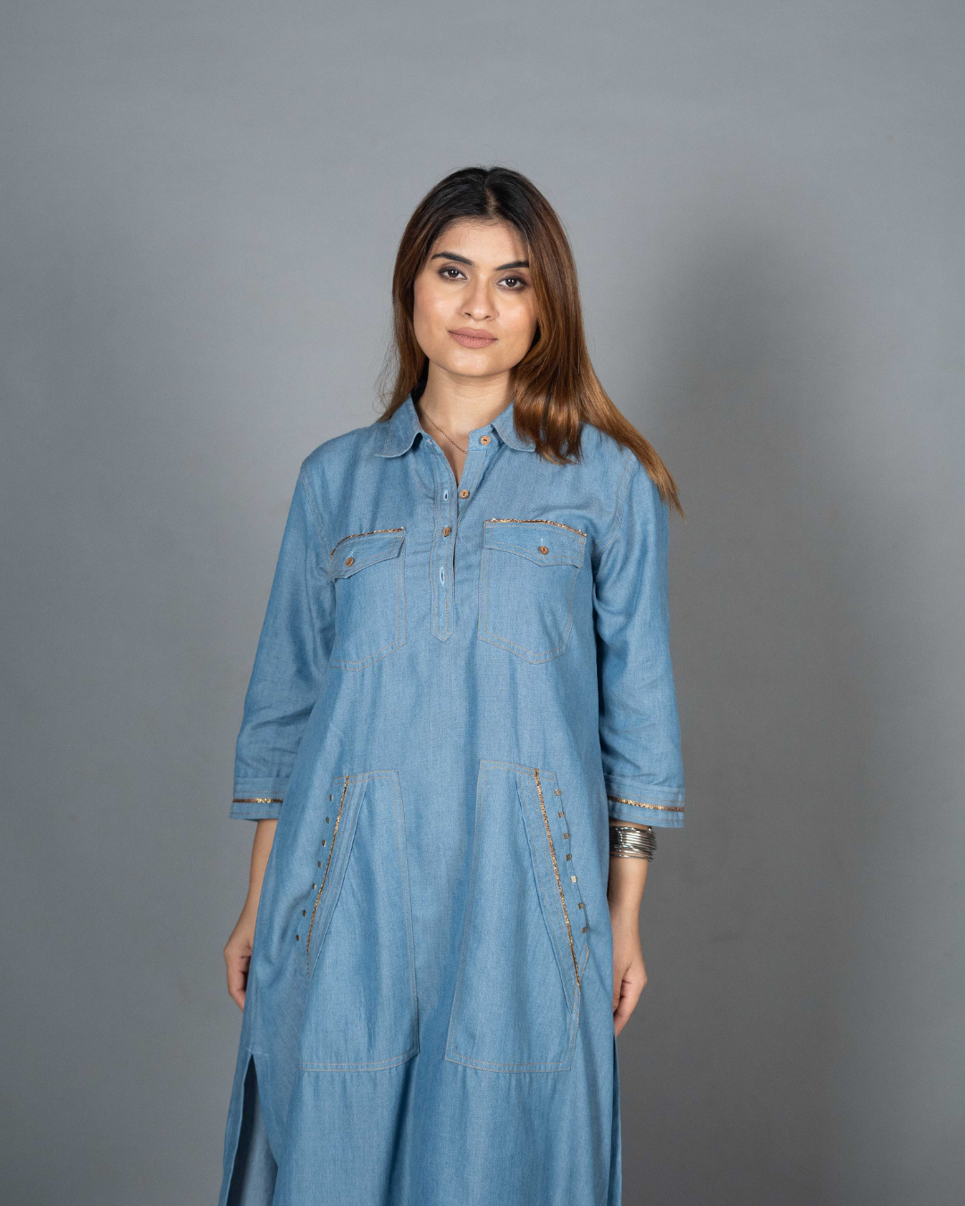 Denim Dress with Gota Detailing