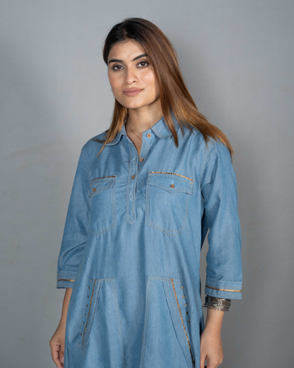 Denim Dress with Gota Detailing