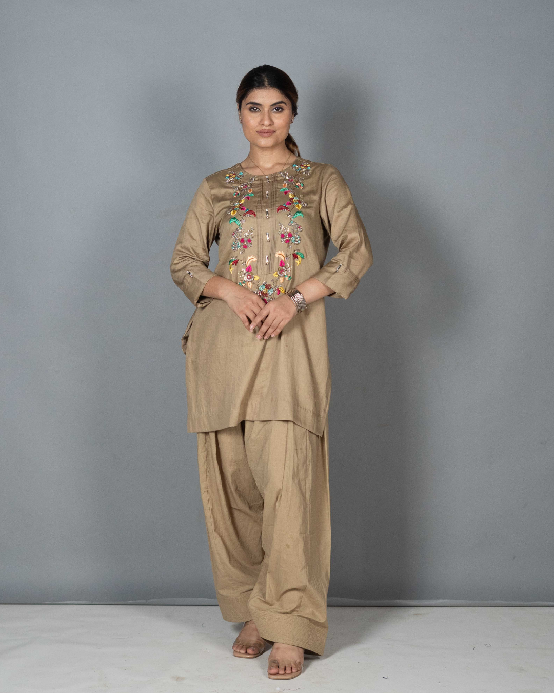 Beige Cotton Silk Kurta Set Secondary image