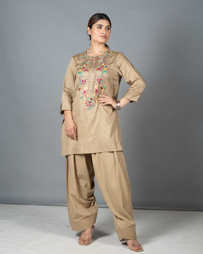 Beige Cotton Silk Kurta Set