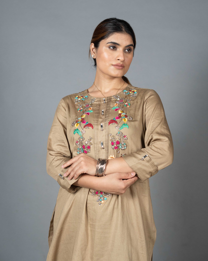 Beige Cotton Silk Kurta Set