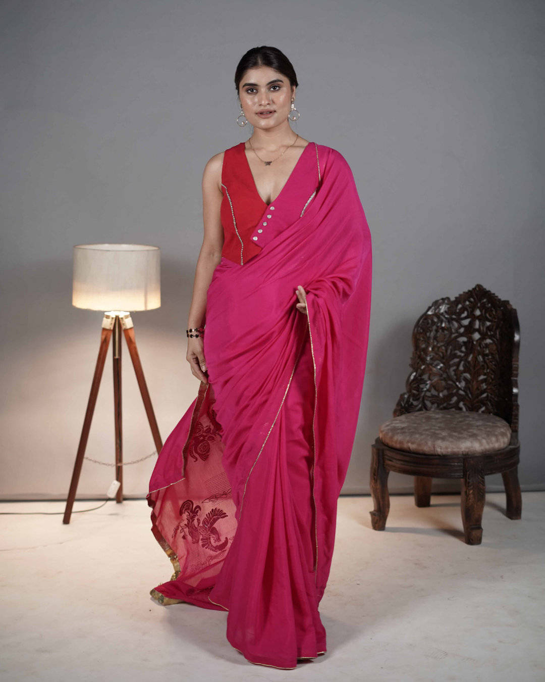 Fuchsia Modal Satin Foil Print Saree Main image