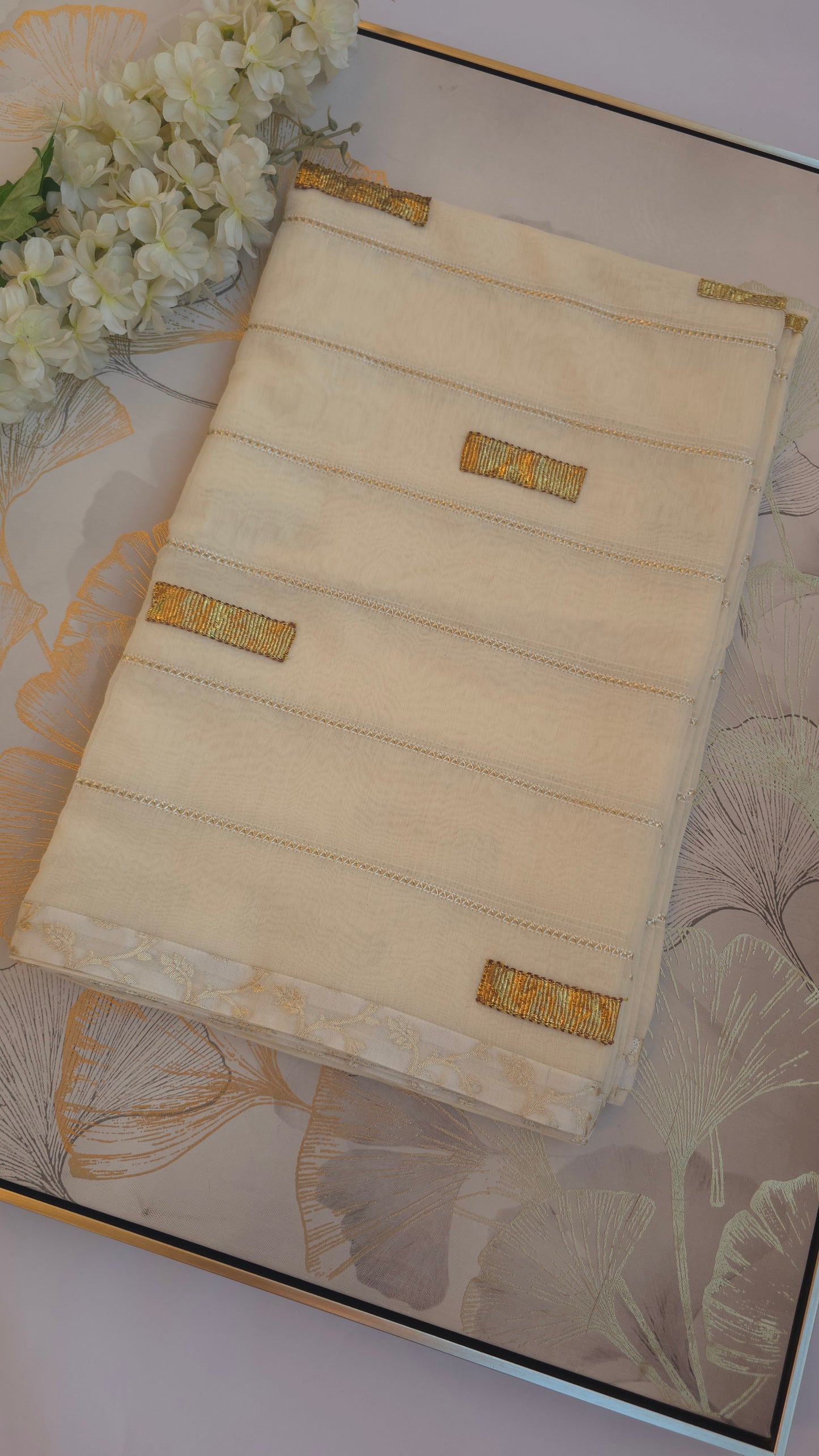 Ivory Gold Chanderi Blend Saree