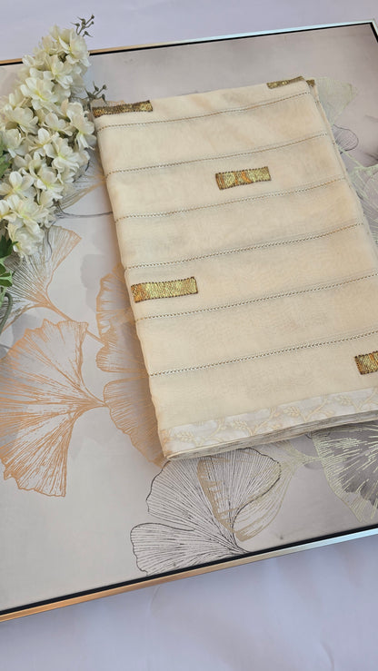 Ivory Gold Chanderi Blend Saree
