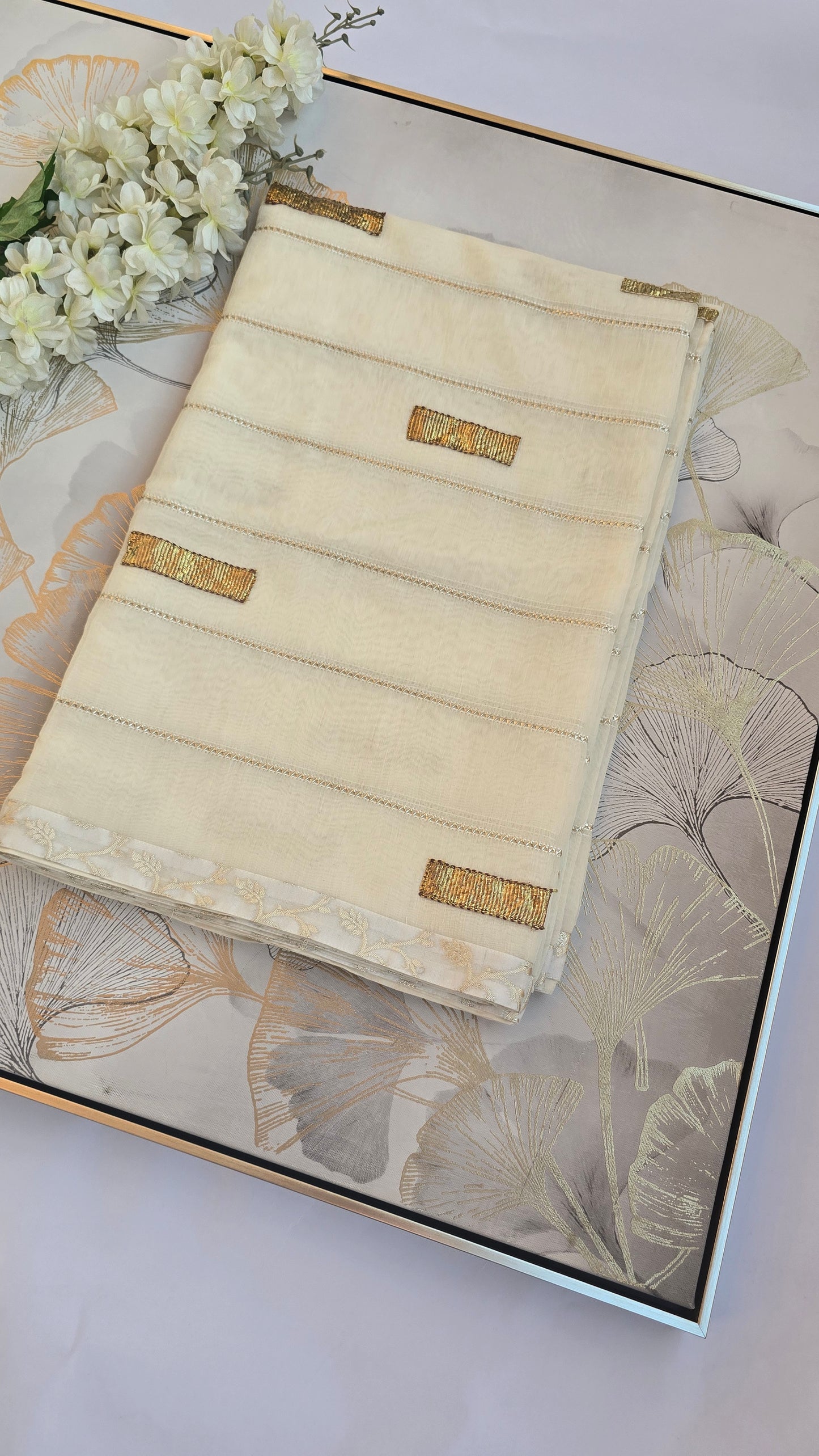 Ivory Gold Chanderi Blend Saree