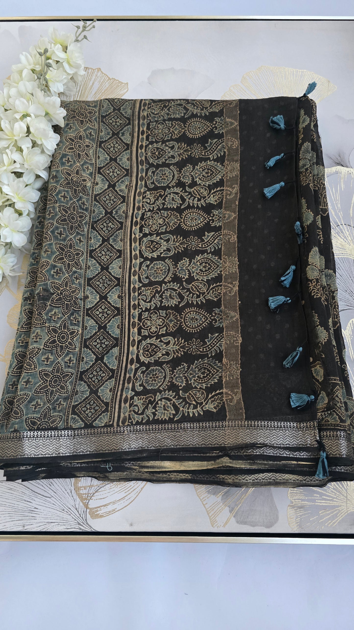 Ethereal Ajrakh Hand Block Printed Saree