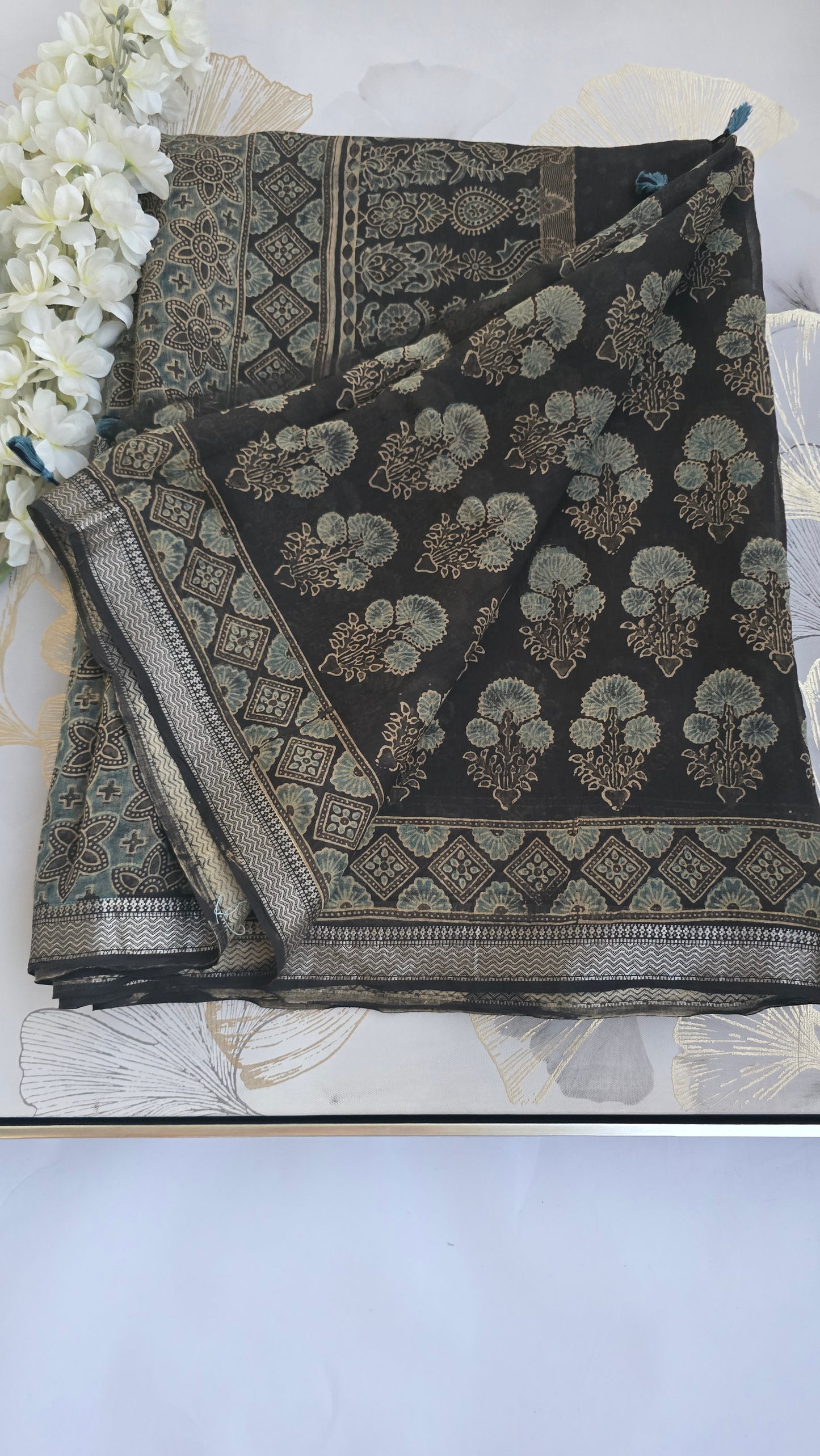Ethereal Ajrakh Hand Block Printed Saree