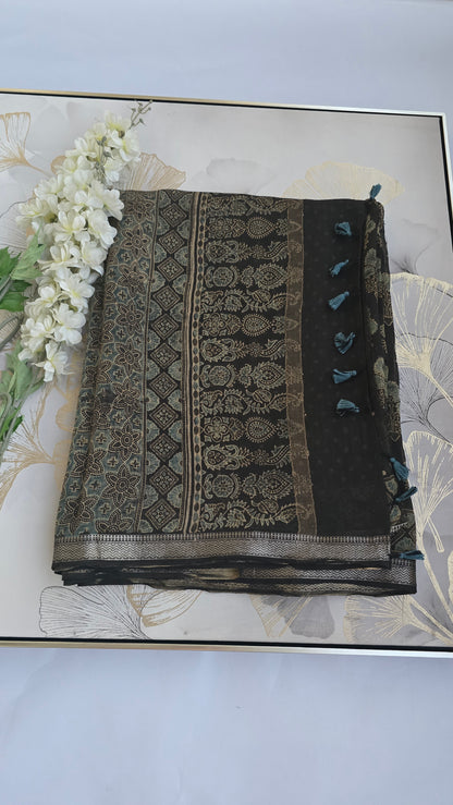 Ethereal Ajrakh Hand Block Printed Saree