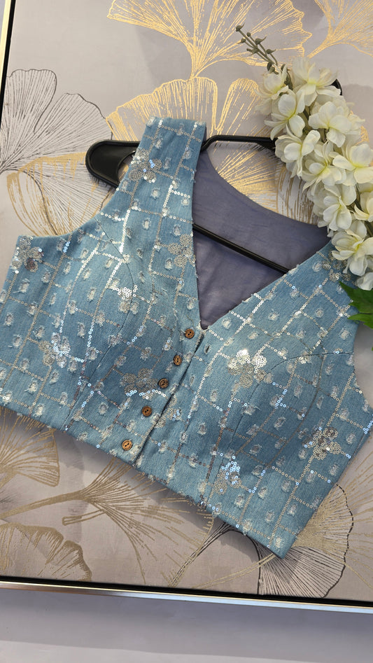 Denim Diva Denim Embroidered Padded Blouse