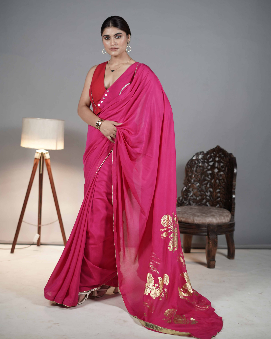 Fuchsia Modal Satin Foil Print Saree